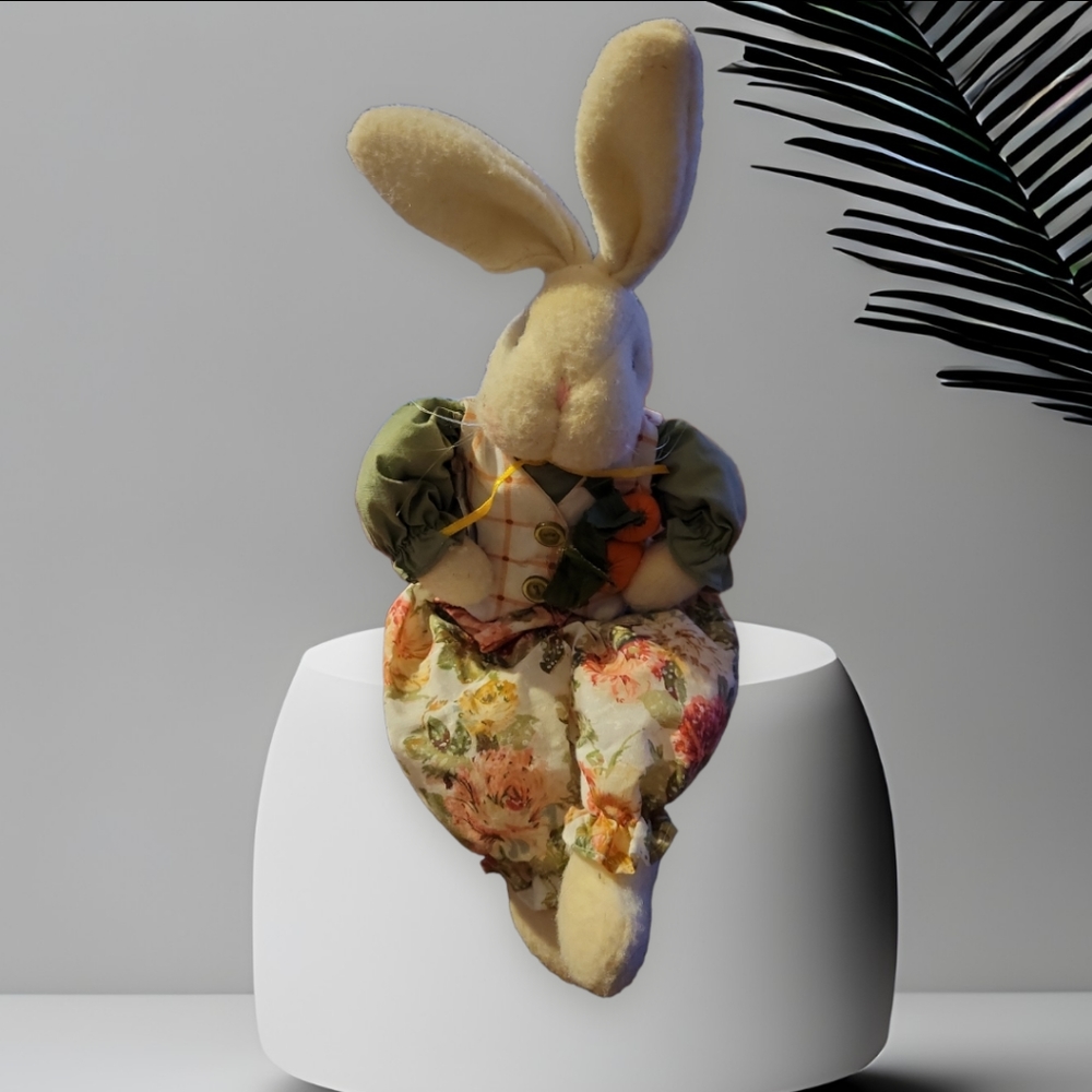 Vtg Stuffed Easter Bunny Rabbit Floral Carrots Ruffles